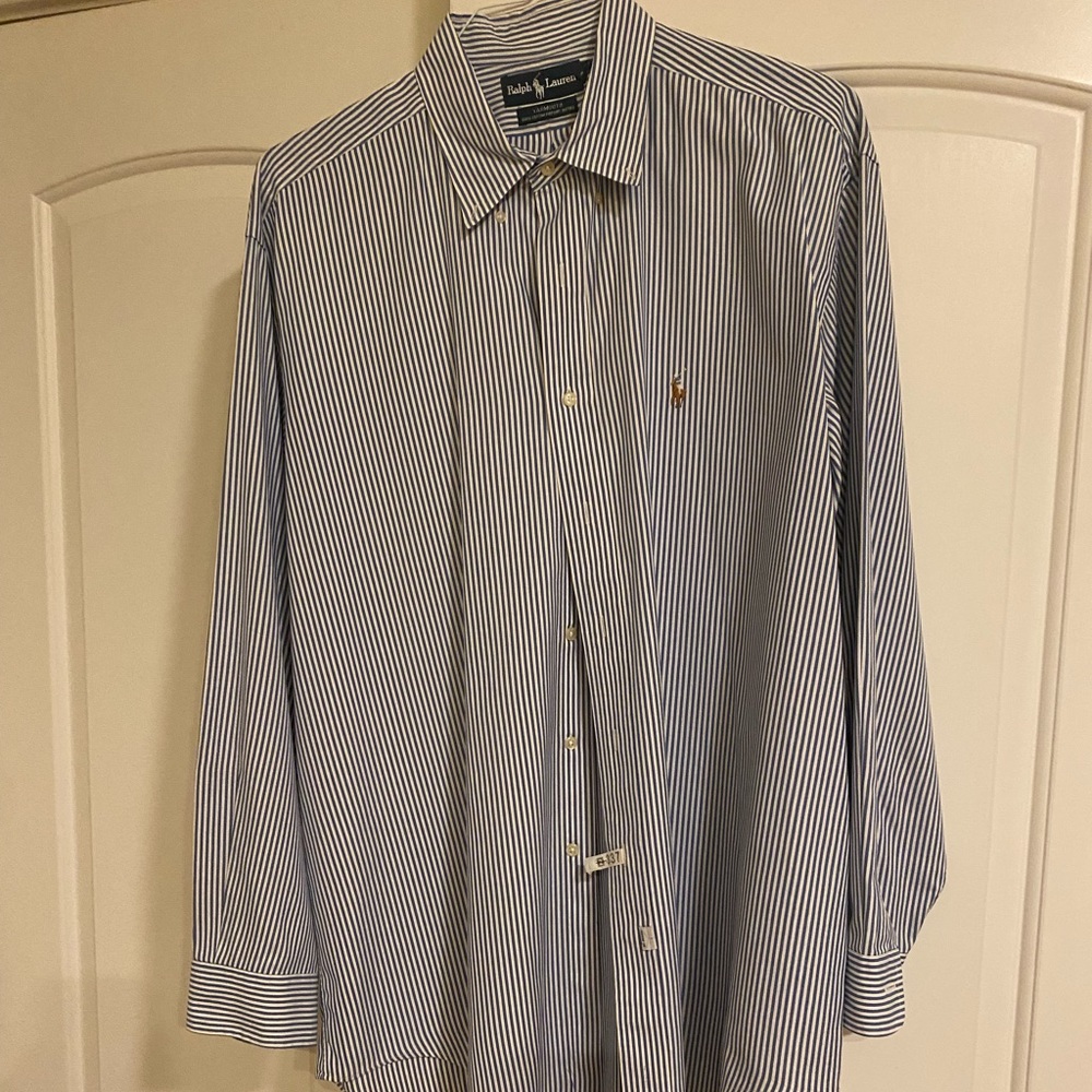 Ralph Lauren Men’s dress shirt Blue striped long sleeve 17/ 1/2 by 35